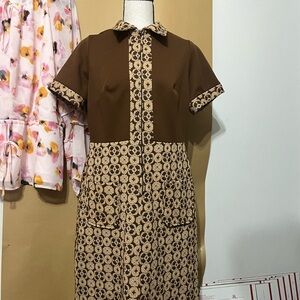 Handmade Vintage Mod Brown Patterned Dress - 1960s 1970s With Zipper and Pockets
